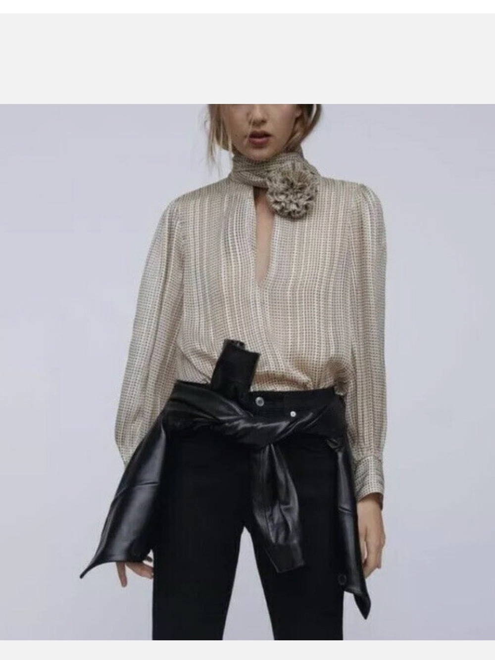 Zara Metallic Textured Tie-Neck Blouse with Rosette